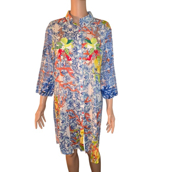 Antica Sartoria by Giacomo Cinque Embroidered Floral Coral Print Dress M - Picture 1 of 7